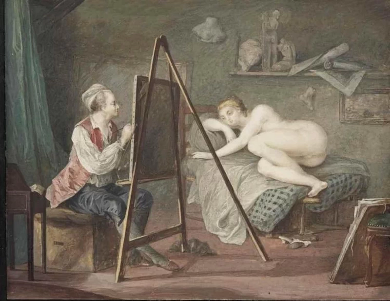 Artista che dipinge una donna nuda sdraiata nel suo studio